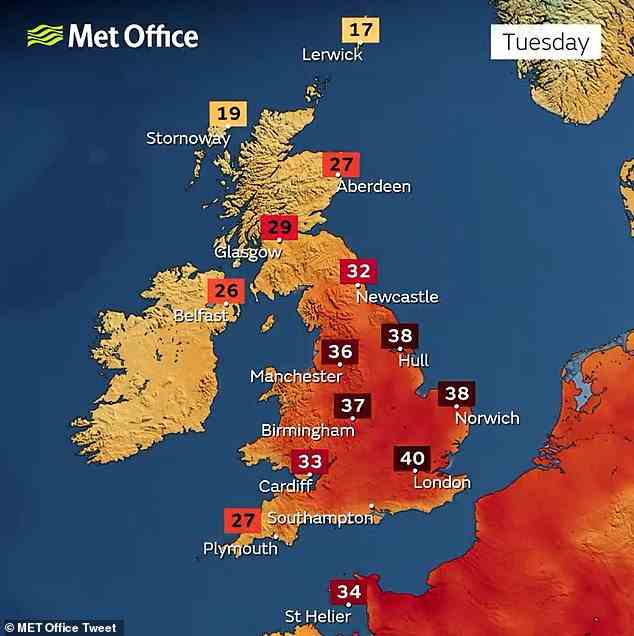 Das Met Office warnt davor, dass die Temperaturen in einigen Teilen des Vereinigten Königreichs 40 ° C erreichen könnten, wobei große Teile Englands am Dienstag den heißesten Tag aller Zeiten erleben werden