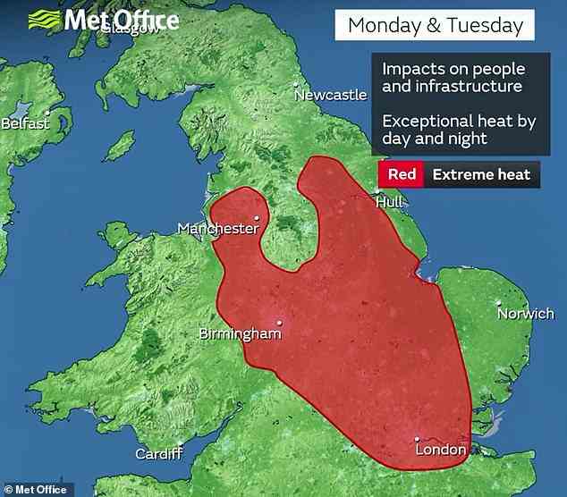 Das Met Office hat eine rote Warnung eingerichtet, da die Temperaturen in Teilen des Landes voraussichtlich 41 ° C erreichen werden