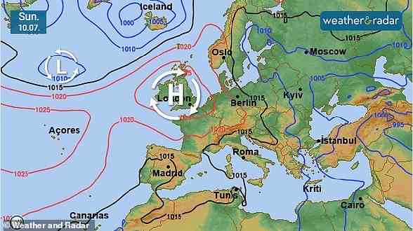 Das Azorenhoch liegt normalerweise im Süden, liegt aber derzeit direkt über Großbritannien und Irland und erstreckt sich von den Azoreninseln