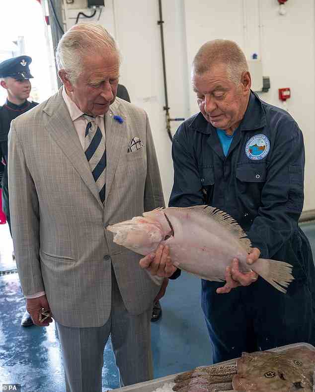 Fang des Tages!  Dem Prinzen von Wales, einem begeisterten Fischer, wurde frischer Fisch auf dem Markt gezeigt