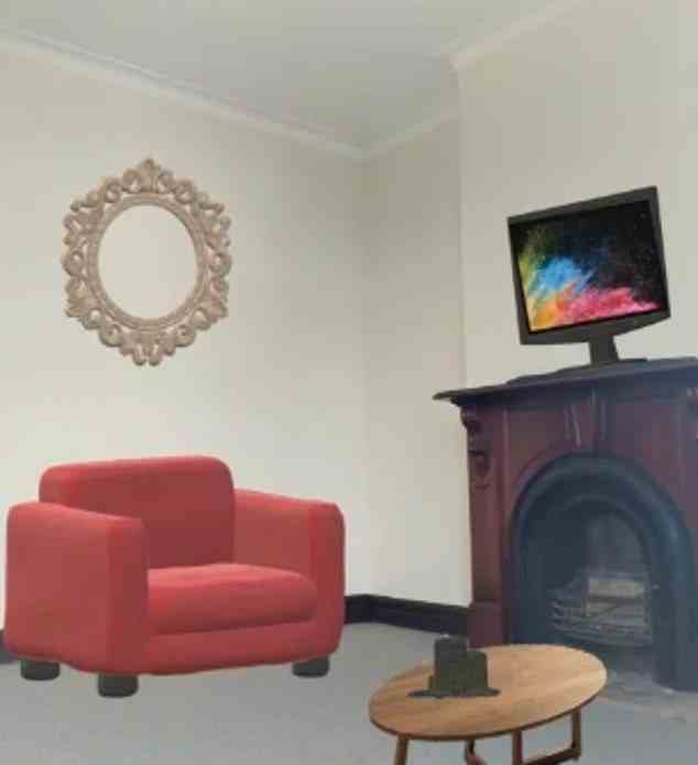 Im Wohnzimmer gab es eine knallrote Couch mit einem Cartoon-Kamin und einen Fernseher, während der Esstisch, die Garten- und Schlafzimmermöbel ebenfalls alle computergeneriert waren
