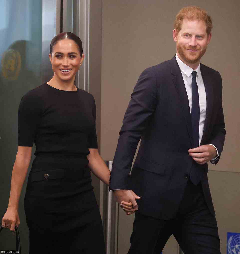 Meghan Markle showed she meant business in a sophisticated pencil skirt and blouse as she stepped out with Prince Harry Monday in New York City
