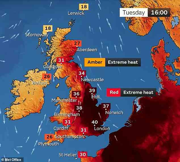 Health chiefs have warned Britons to stay hydrated as temperatures today hit 40.2C (104.4F) at Heathrow — breaching the former high of 38.7C (101.7), set in 2019