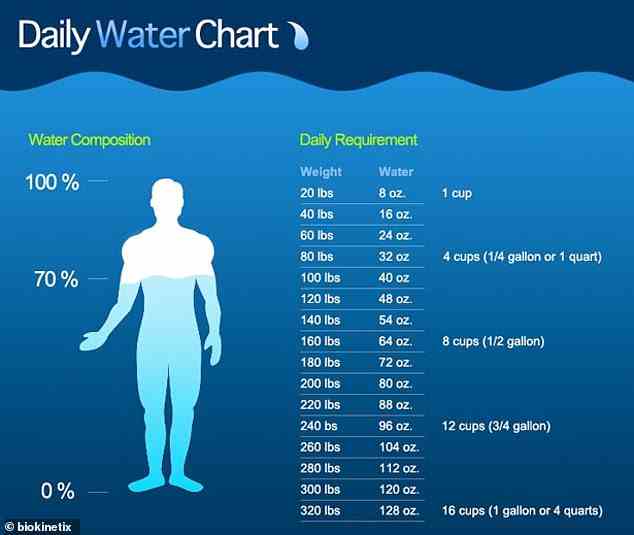 Die Wassermenge, die Sie trinken sollten, steigt mit Ihrem Gewicht (wie in dieser Grafik gezeigt)