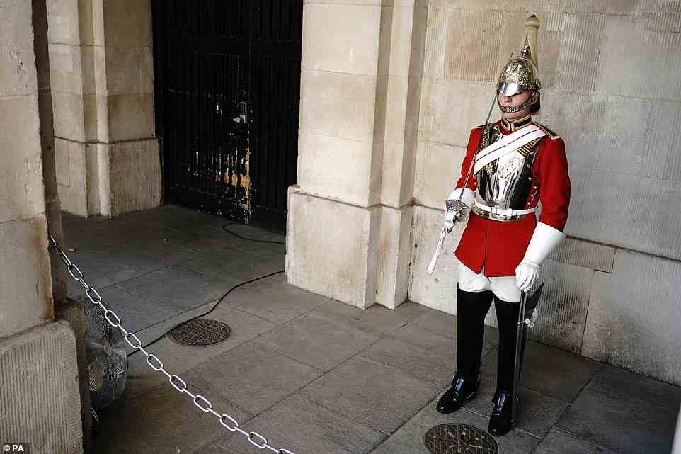 A member of the Household Cavalry has a fan placed next to him at Horse Guards Parade in Central London this morning