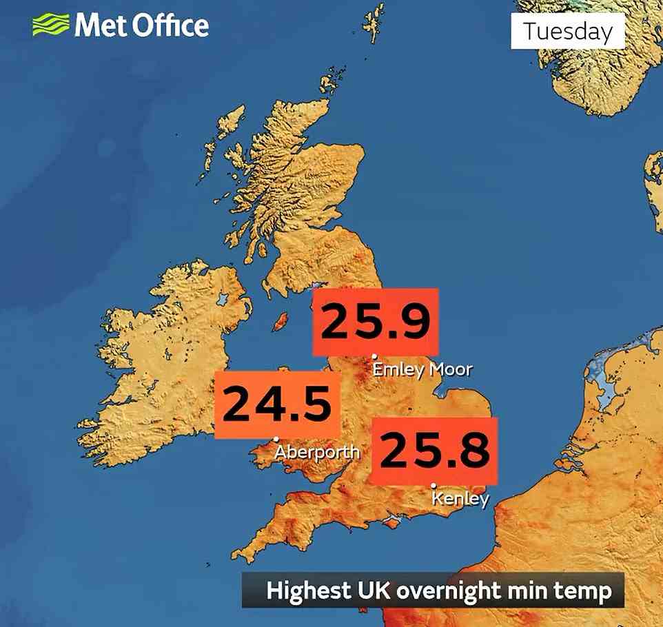 The UK has experienced its warmest night on record, according to provisional Met Office figures as shown in this map