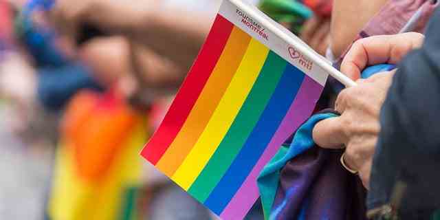 Toronto, Kanada - 25. Juni 2017: Gay-Pride-Parade-Zuschauer mit kleiner schwuler Regenbogenfahne während der Toronto-Pride-Parade im Jahr 2017