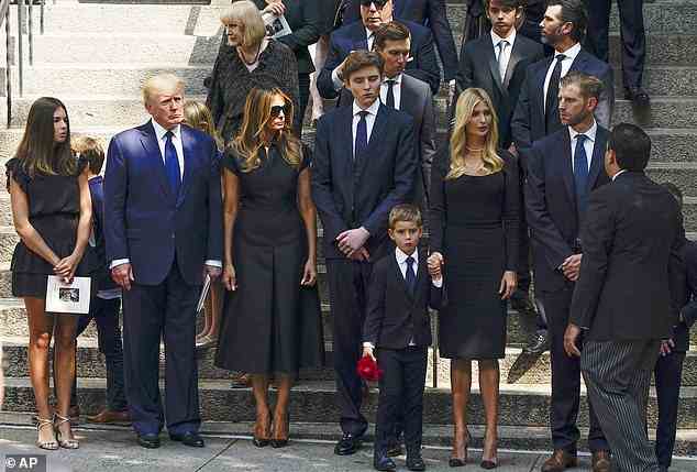 L-R: Kai Trump, 15, with Donald and Melania Trump, Barron, Ivanka, six-year-old Theo, and Eric Trump after the funeral of Ivana Trump on Wednesday