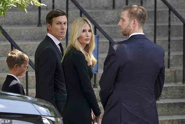 From right, Eric Trump, Ivanka Trump and Jared Kushner arrive for the funeral of Ivana Trump, Wednesday, July 20, 2022, in New York
