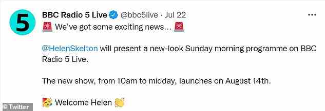 Ankündigung: Der Twitter-Account von BBC Radio 5 Live gab bekannt, dass Countryfile-Star Helen Skelton, 39, nächsten Monat Lauras Platz übernehmen würde