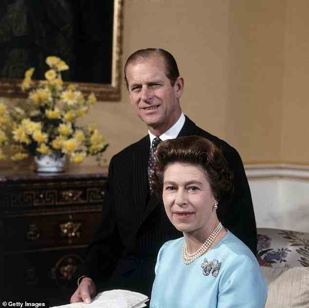 Queen Elizabeth II and Prince Philip pose for a portait to commemorate their 25th silver wedding anniversary at Buckingham Palace