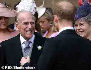 Prince Philip laughed along with Prince Harry at the wedding of Lady Gabriella Windsor and Thomas Kingston