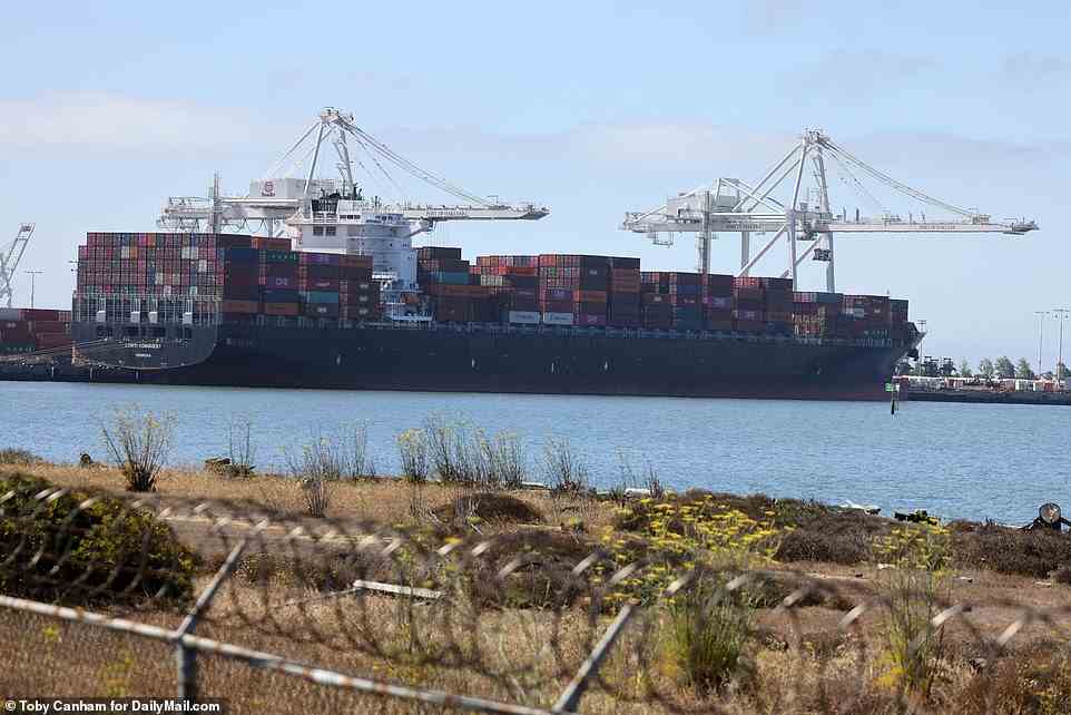 Schockierende Fotos von mit Fracht beladenen Frachtschiffen, die darauf warten, im Hafen von Oakland entladen zu werden, zeigen die Echtzeit-Auswirkungen eines Trucker-Streiks, der in die zweite Woche geht