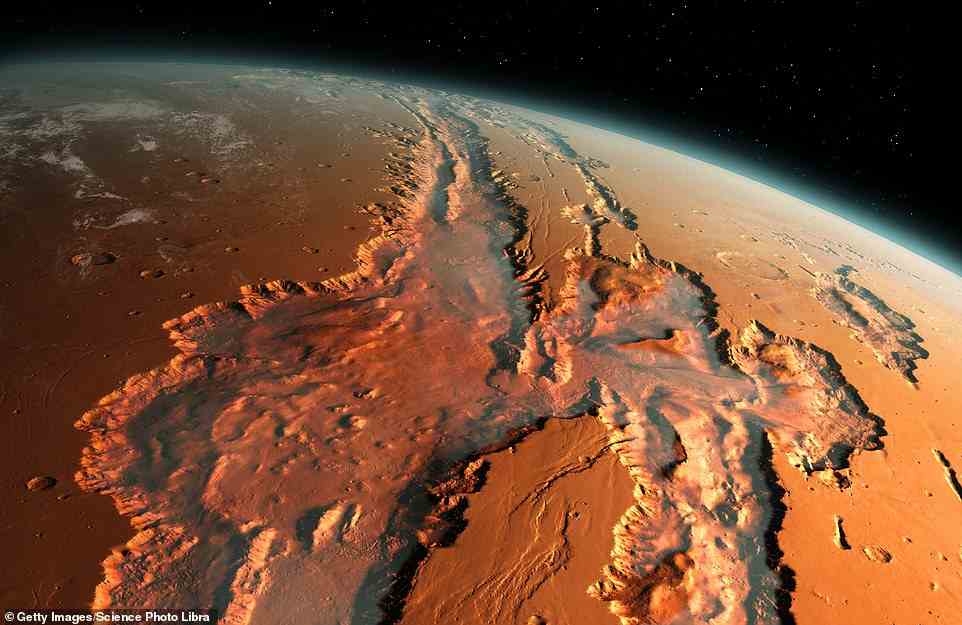 Oben abgebildet ist eine Illustration einer Schrägansicht des riesigen Schluchtensystems Valles Marineris auf dem Mars.  Die Schluchten wurden durch eine Kombination aus geologischen Verwerfungen, Erdrutschen und Erosion durch Wind und alte Wasserströme gebildet