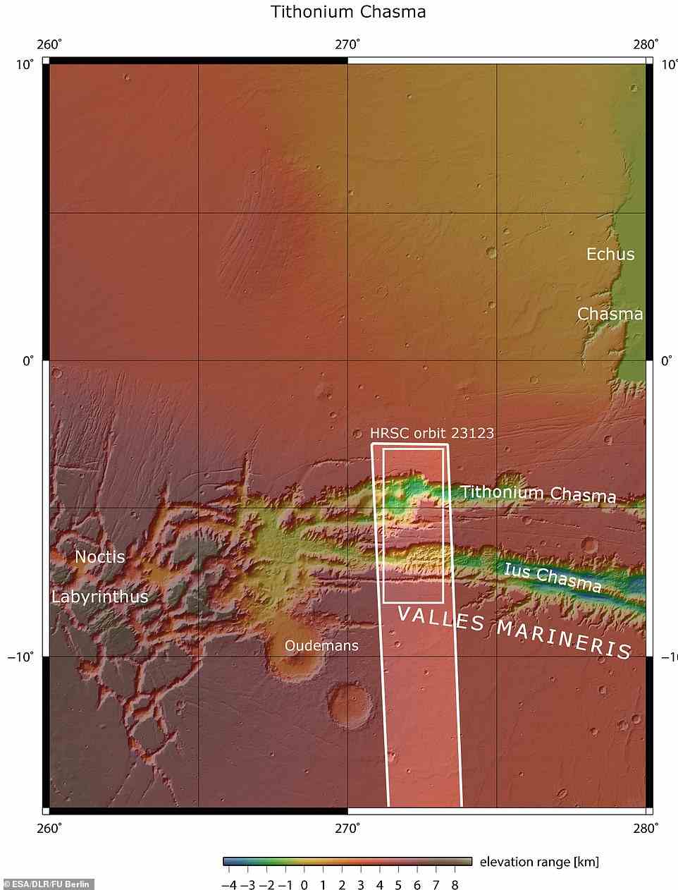 Lus und Tithonium Chasmata sind oben zu sehen.  Der durch das fette weiße Kästchen umrandete Bereich zeigt den Bereich, der von der Mars Express High Resolution Stereo Camera am 21. April 2022 während der Umlaufbahn abgebildet wurde