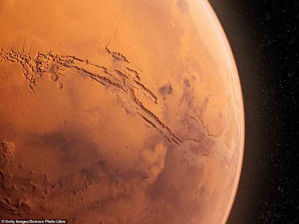Oben abgebildet ist eine Computerdarstellung der Valles Marineris-Schlucht auf dem Mars