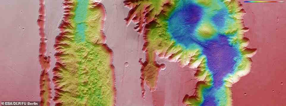Oben abgebildet: Ein farbcodiertes topografisches Bild, das Ius und Tithonium Chasmata zeigt, die Teil der Valles Marineris-Schluchtstruktur des Mars sind und aus Daten erstellt wurden, die von Mars Express der ESA gesammelt wurden