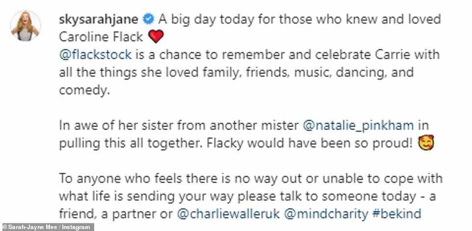 Tribute: Sky's Sarah-Jane Mee said: '@Flackstockis a chance to remember and celebrate Carrie with all the things she loved family, friends, music, dancing, and comedy'