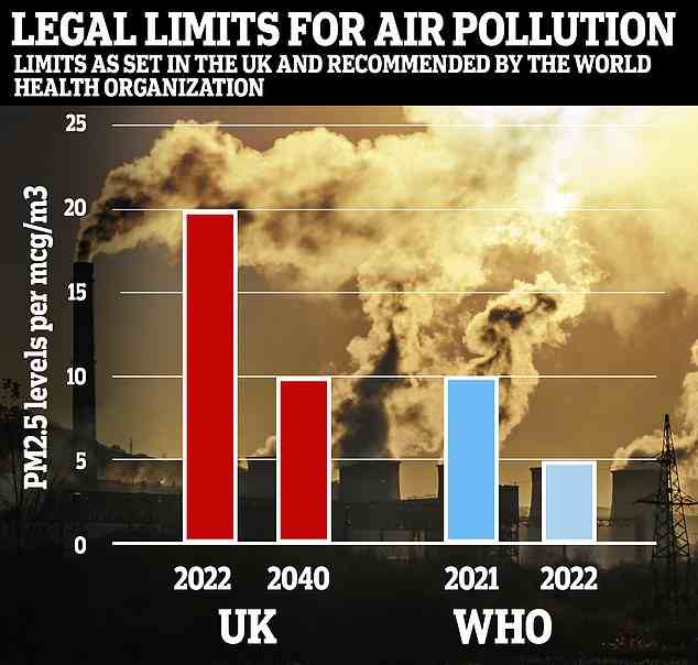 Die obige Grafik zeigt den aktuellen gesetzlichen Grenzwert für die Luftverschmutzung in Großbritannien (ganz links) und plant, ihn in England bis 2040 (links) auf 10 mcg/m3 zu halbieren.  Dies liegt jedoch immer noch über dem von der Weltgesundheitsorganisation (WHO) empfohlenen Wert von 5 mcg/m3