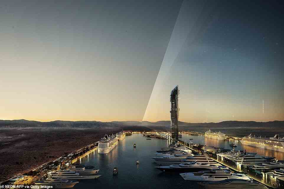 Nach vollständiger Fertigstellung wird der Wolkenkratzer vom Golf von Aqaba durch eine Bergkette verlaufen und sich dann entlang der Küste in eine Wüsten-„Aerotropole“ erstrecken.