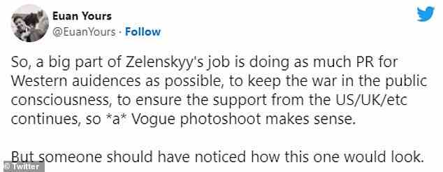 Viele Nutzer haben auf die Idee hingewiesen, dass Zelensky und Zelenska Vogue benutzen, um die Menschen immer wieder an die Notlage in der Ukraine zu erinnern