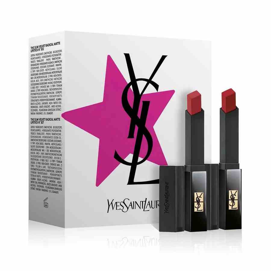 YSL The Slim Velvet Radical Duo zwei rote Lippenstifte und eine weiße Schachtel mit einem rosa Stern darauf auf weißem Hintergrund