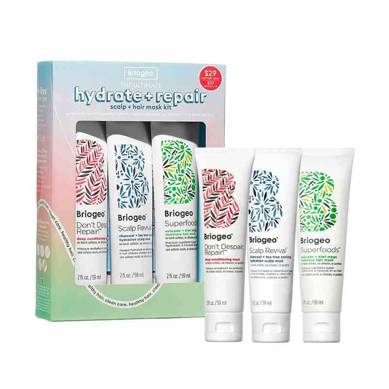 Briogeo Hydrate + Repair Mask Kit drei weiße Tuben mit grüner Box auf weißem Hintergrund