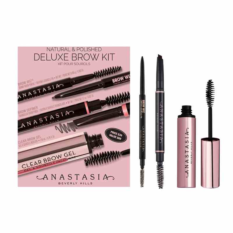 Anastasia Beverly Hills Deluxe Brow Kit Rosa Tube Mascara, dünner Brauenstift, dicker Brauenstift und rosa Box auf weißem Hintergrund