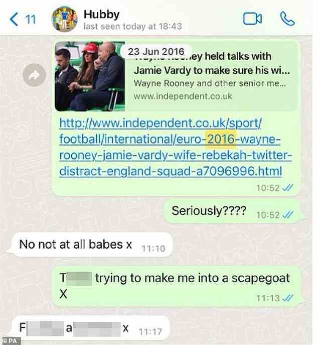 Von Kingsley Napley herausgegebener Screenshot von Textnachrichten zwischen Rebekah und Jamie Vardy, nachdem berichtet wurde, dass Wayne Rooney gebeten wurde, Jamie Vardy mitzuteilen, dass seine Frau ihre Medienpräsenz reduzieren müsse