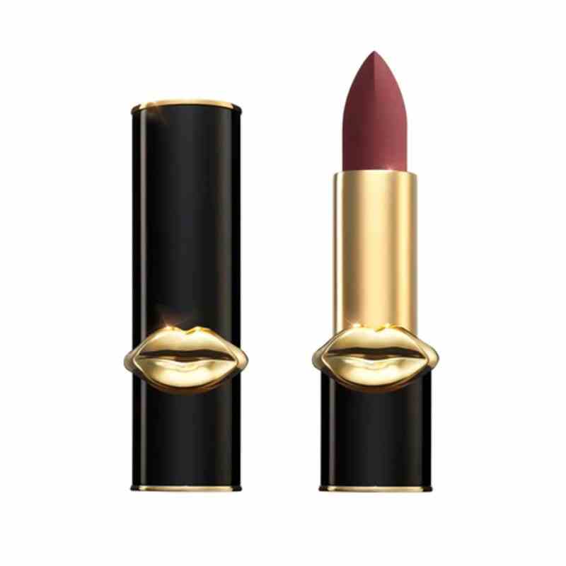 Eine mattbraune Lippenstiftkugel in einer schwarz-goldenen Lippenstifthülse des MatteTrance-Lippenstifts von Pat McGrath Labs auf weißem Hintergrund