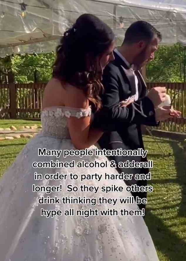 A bride has shared shocking footage of her husband after his drink was spiked with copious amounts of Adderall at their wedding - leaving him in tears and unable to speak