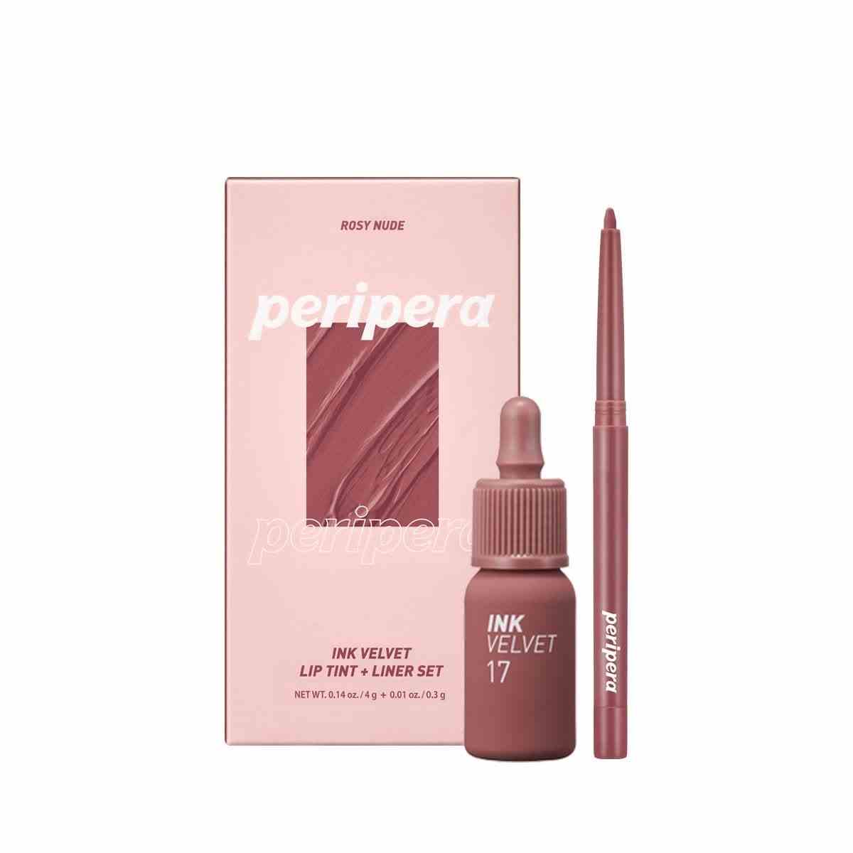 Eine rosa Schachtel Peripera Ink the Velvet Lip Tint + Liner Set in Rosy Nude auf weißem Hintergrund