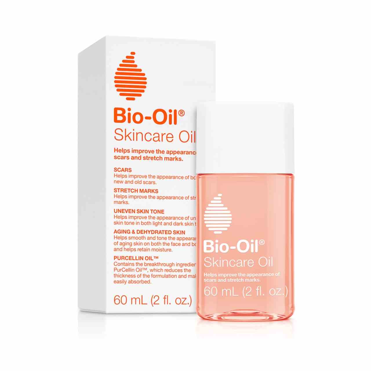 Eine durchsichtige pfirsichfarbene Flasche mit weißem Verschluss und Text mit der Aufschrift "Bi-Oil Hautpflegeöl" mit passender Verpackungsbox auf weißem Hintergrund.