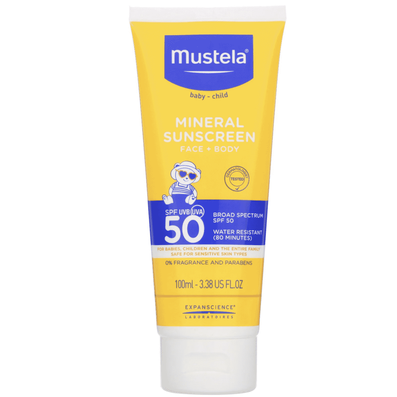 Eine gelbe und blaue Tube der Mustela Mineral Sunscreen Lotion Face + Body SPF 50 auf weißem Hintergrund.