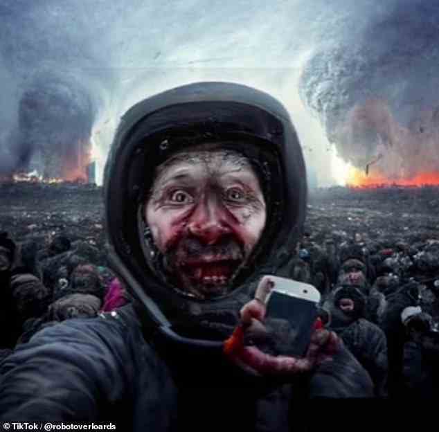 Ein TikTok-Benutzer bat DALLE-AI, Bilder von den seiner Meinung nach letzten jemals aufgenommenen Selfies zu erstellen.  Eines der Bilder zeigt einen Mann in Kampfausrüstung, der entsetzt zusieht, wie hinter ihm Bomben fallen