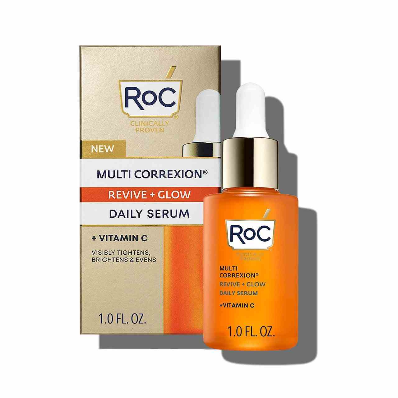 RoC Multi Correxion Revive + Glow Vitamin C Serum orange Serumflasche mit gold-weißer Tropfkappe und goldener Box auf weißem Hintergrund