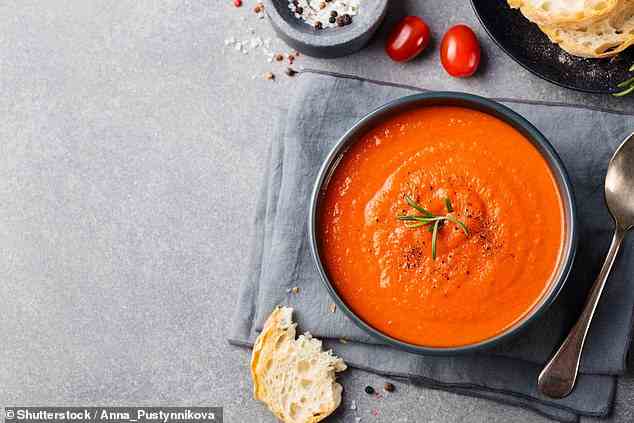 Gazpacho ist eine kalte Suppe aus gemischtem rohem Gemüse mit Tomaten und Gurken, die in Spanien ein Sommergericht ist und für ihre erfrischenden Eigenschaften berühmt ist