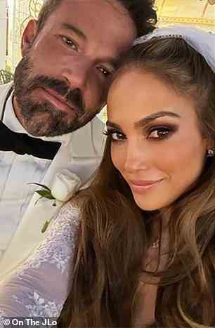 Long time coming: Jennifer Lopez and Ben Affleck finally tied the knot in Las Vegas on Saturday as their over 20 year love story has finally reached their 'happily ever after,' they are seen on their wedding day