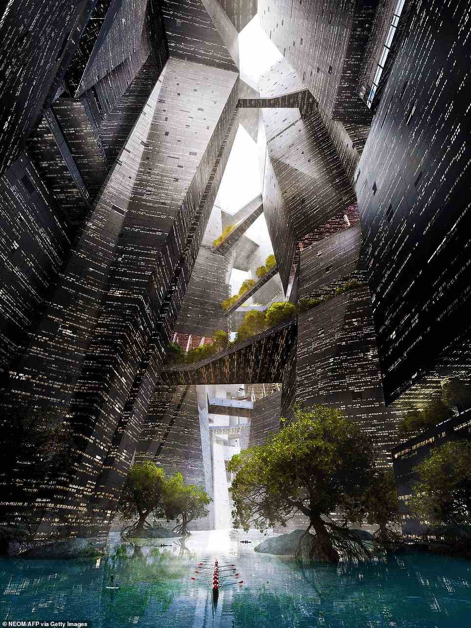 Designpläne für die lineare Stadt zeigen die Sci-Fi-inspirierten Innenräume mit eckigen Glasstrukturen, die sich in verschiedenen Formen über einem künstlichen Fluss winden