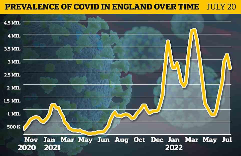 The summer wave of Covid infections appears to have peaked already as data shows cases fell for the first time in nearly two months last week. An estimated 2.6million people had the virus on any given day in England in the seven days to July 20, according to the Office for National Statistics, down 16 per cent on the previous week