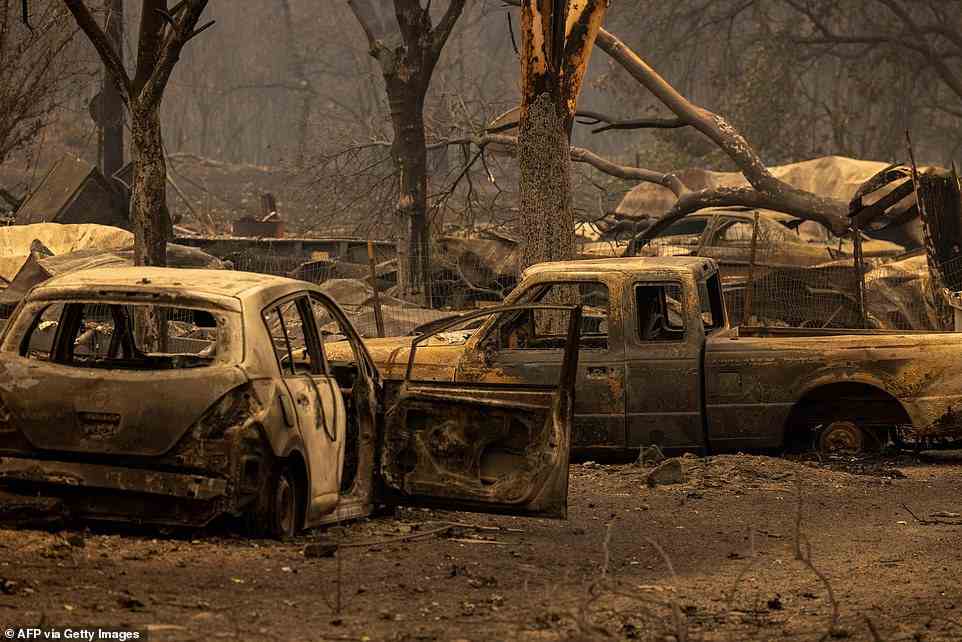 The ruins of the Oak Mobile Park are seen at the McKinney Fire in the Klamath National Forest northwest of Yreka, California, on July 31, 2022