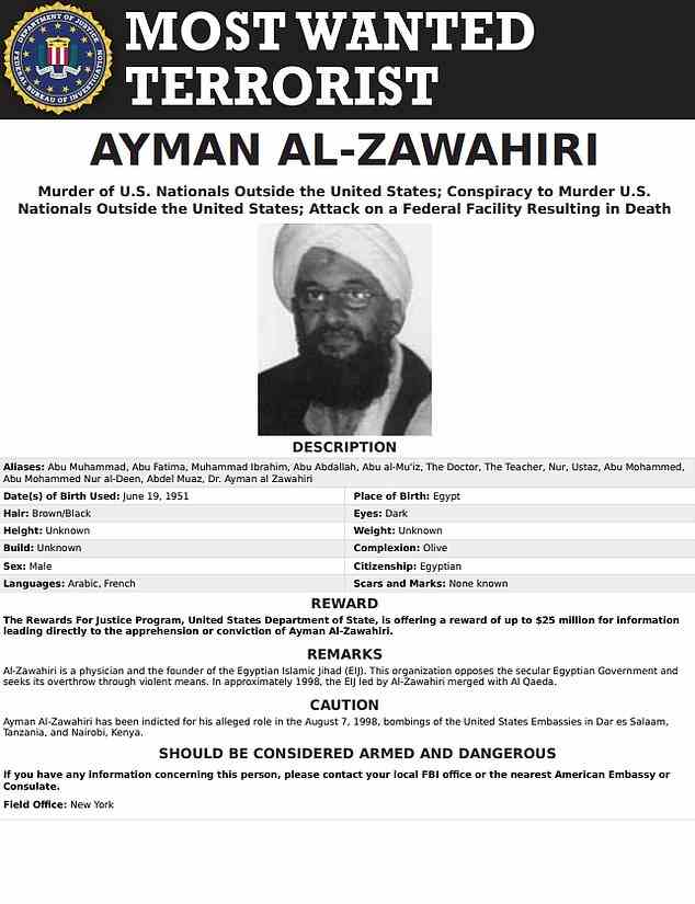 Al-Zawahiris FBI-Fahndungsplakat – für Hinweise über ihn gab es eine Belohnung von 25 Millionen Dollar