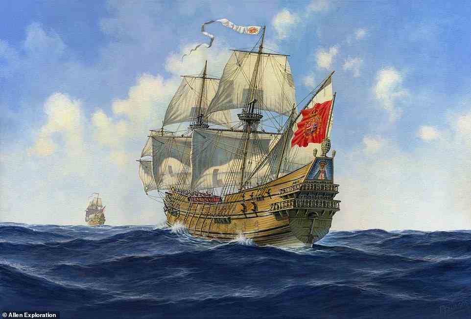 Artist's depiction of the Nuestra Señora de las Maravillas (Our Lady of Wonders), a two-deck Spanish galleon armed with 36 bronze cannons