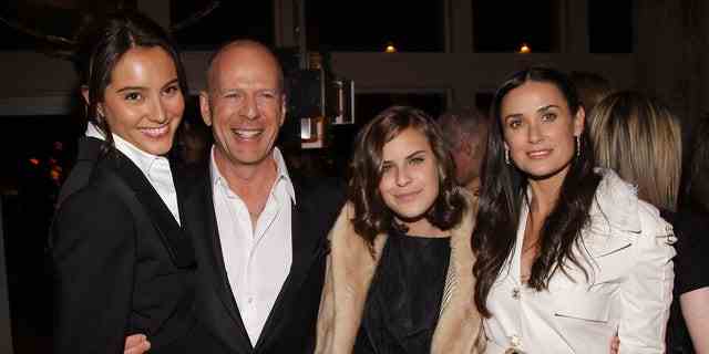 (L-R) Emma Hemming, Bruce Willis, Tallulah Belle Willis, and Demi Moore attend the after party for the screening of "Flawless" hosted by The Cinema Society at the SoHo Grand Hotel March 24, 2008 in New York City. 