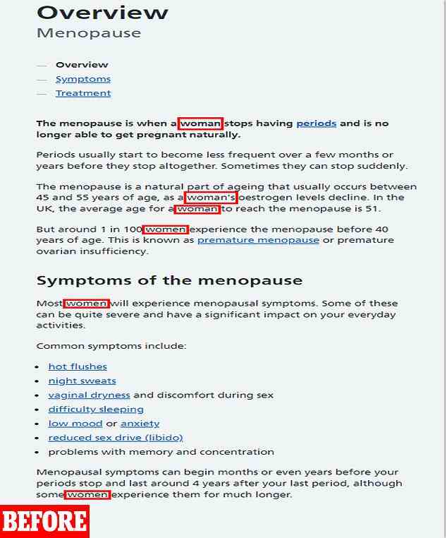 The NHS has quietly omitted the terms 'women' and 'woman' from its webpage on menopause. Pictured here is the older version of the menopause overview page (May 16) which mentioned women six times