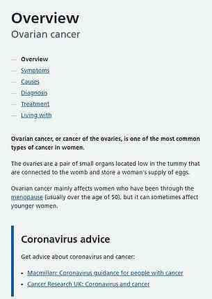 NHS ovarian cancer page as of December 2021, featuring two mentions of women