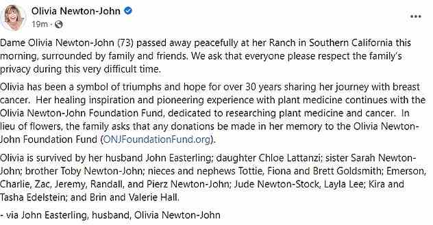 Newton-Johns Ehemann gab ihren Tod am Montag auf ihrer Facebook-Seite bekannt.  Sie war 73