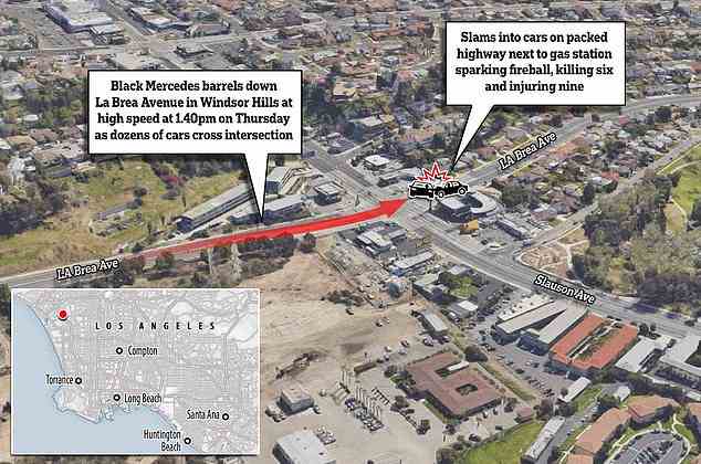 Die Grafik zeigt die Richtung, in die der SUV entlang der South La Brea Avenue fuhr, als er über die rote Ampel fuhr und den schrecklichen Unfall verursachte