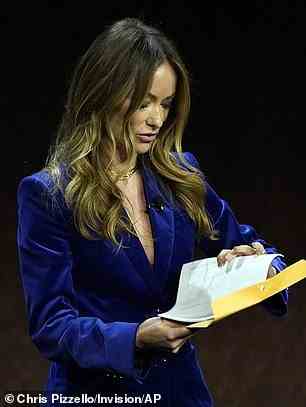 Olivia Wilde reacts to being served court papers on stage