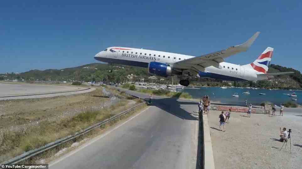 Pictured: A British airways flight is seen coming in for a low landing at Skiathos' airport